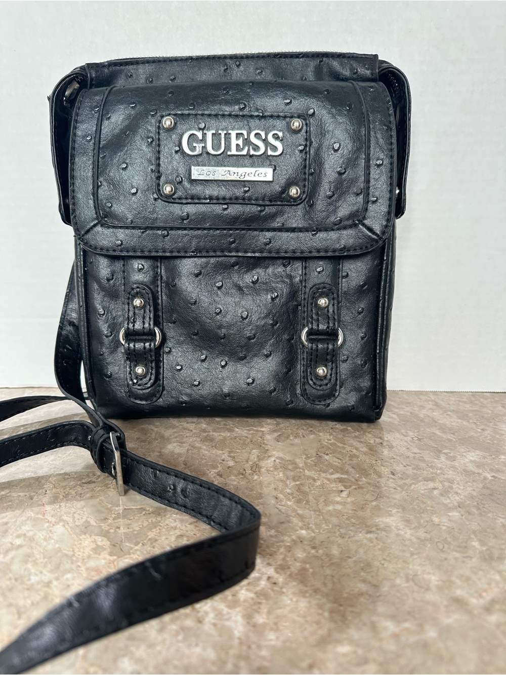 GUESS Black Goth Faux Leather Embossed Crossbody Bag Edgy Rock Y2K Messenger